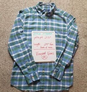 Vineyard Vines Island Twill Plaid Shirt Soft Cotton Linen Spandex Green Blue M